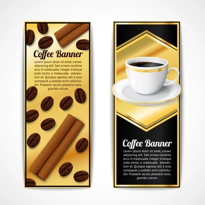 Black and gold coffee vertical banners with cinnamon beans and porcelain cup isolated vector illustration