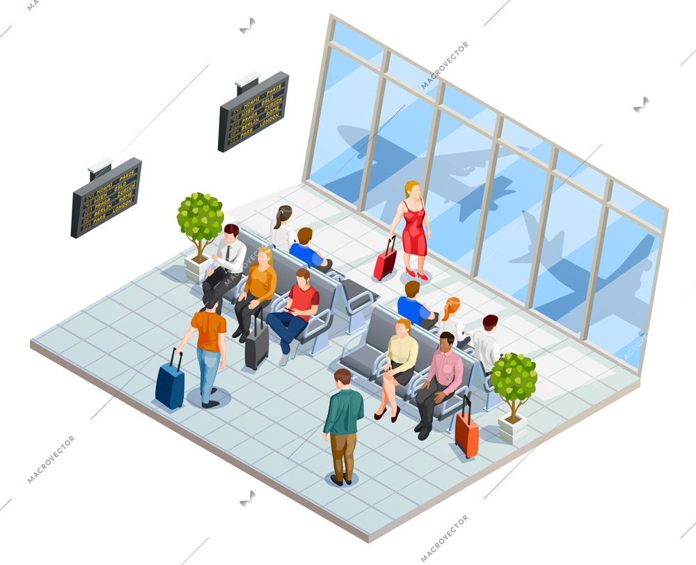 Waiting in airport isometric composition with assembly lounge holding room interior with arrival and departure board vector illustration