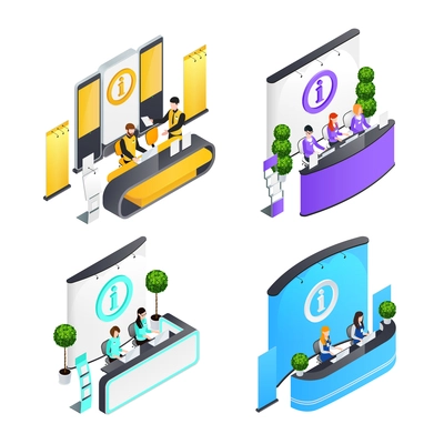 Information desks isometric compositions with people and  computers banners and racks signage interior elements isolated vector illustration