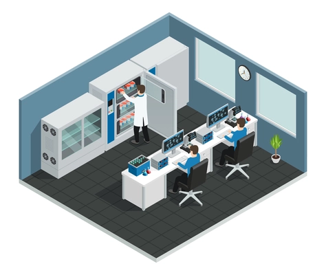 Scientific laboratory workplace isometric  concept with equipment for research and scientists looking at computer screen vector illustration