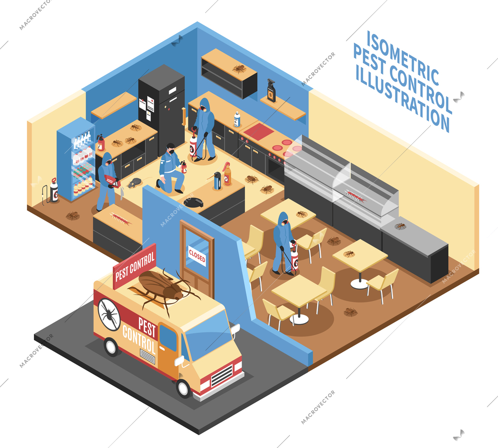 Pest control in cafe design with car workers with equipment parasites on interior elements isometric vector illustration