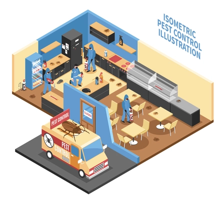 Pest control in cafe design with car workers with equipment parasites on interior elements isometric vector illustration