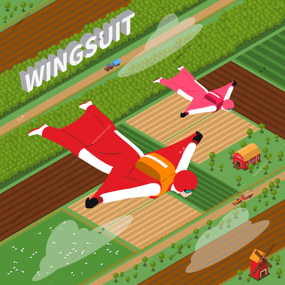 Skydivers in red wing suit flying over fields and green pasture in summertime isometric vector illustration