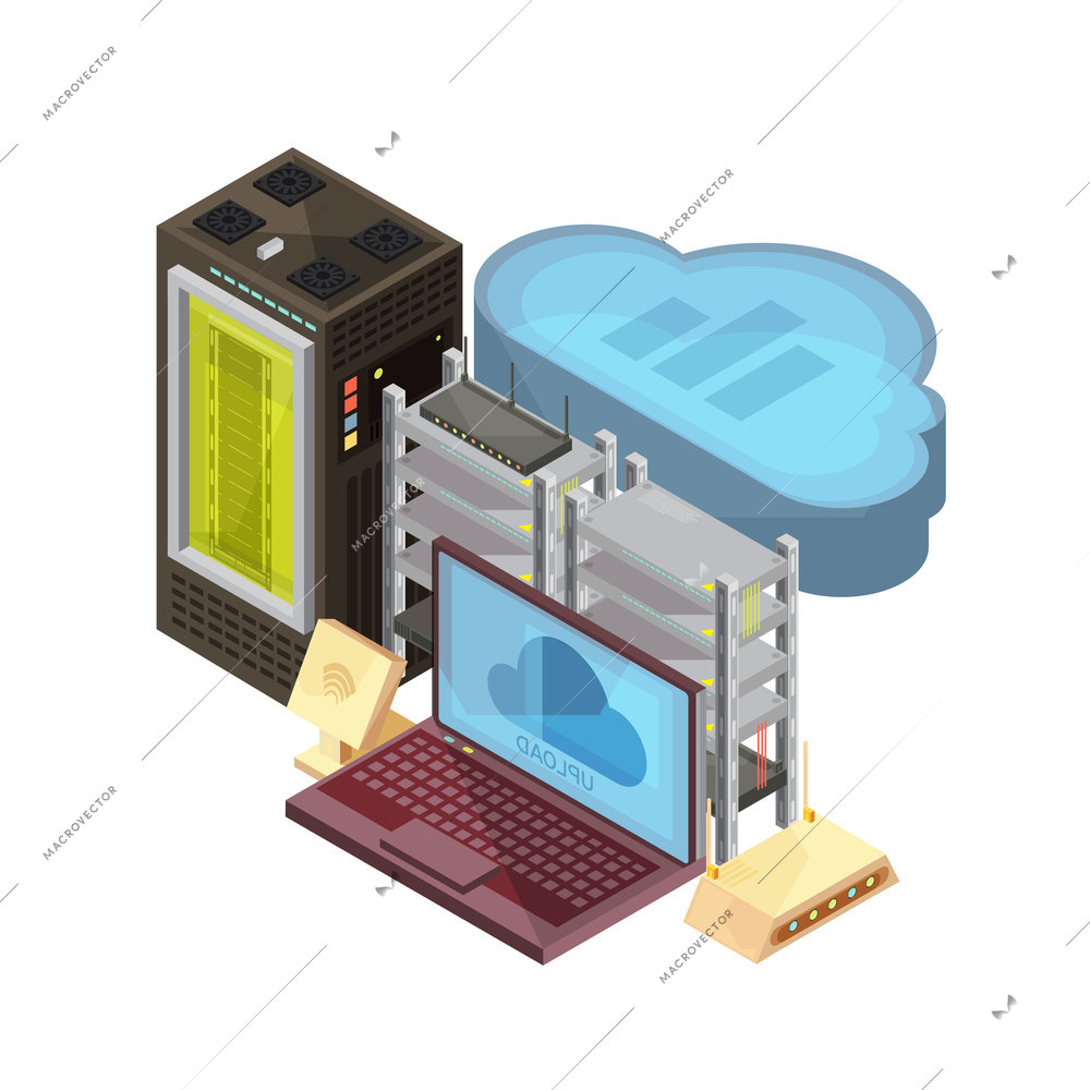 Isometric composition with data cloud,  laptop, hosting server, router, wifi on white background vector illustration