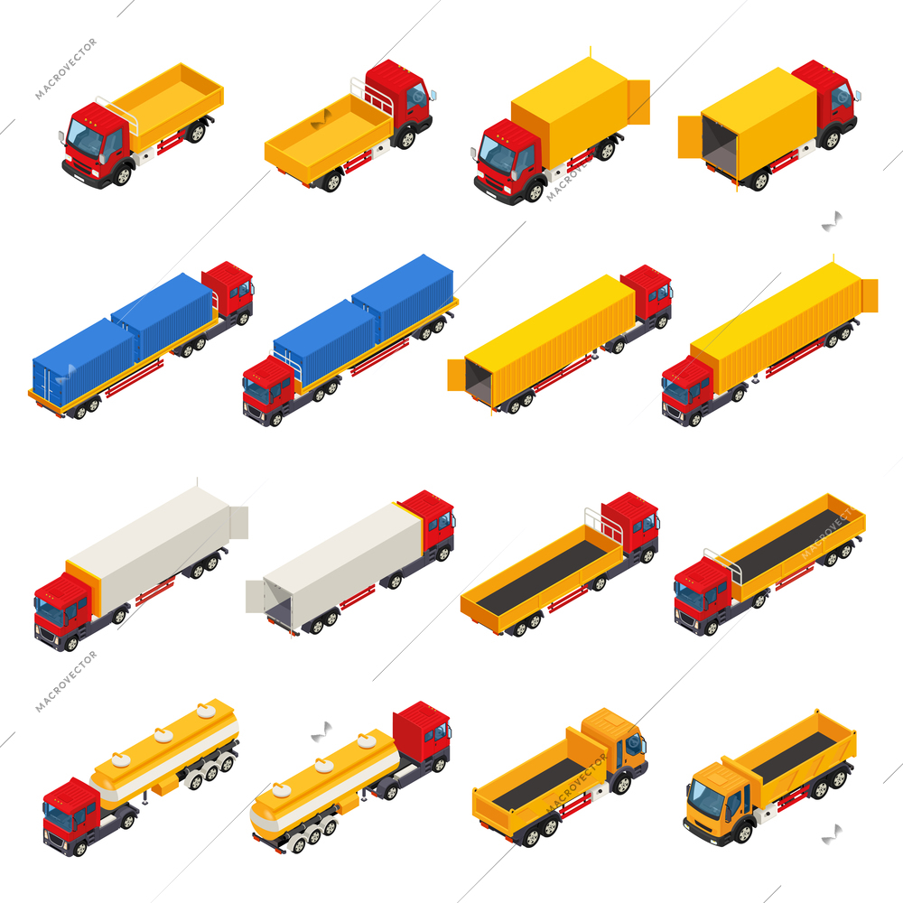 Truck isometric set of isolated commercial motor vehicle images with empty and load carrying cargo areas vector illustration