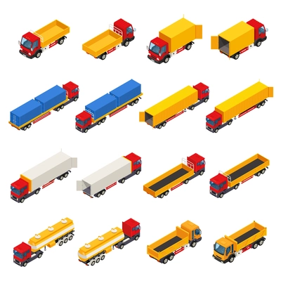 Truck isometric set of isolated commercial motor vehicle images with empty and load carrying cargo areas vector illustration