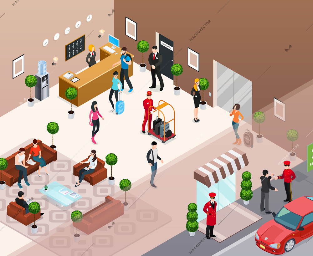 Hotel interior with doorman at hotel entrance reception staff and guests in hotel hall isometric  vector illustration