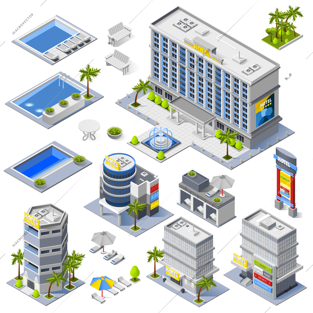 Luxury hotel buildings isometric icons set with palm trees and pools full of blue water  isolated vector illustration