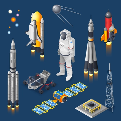 Space isometric set with rocket and satellite on blue background isolated vector illustration