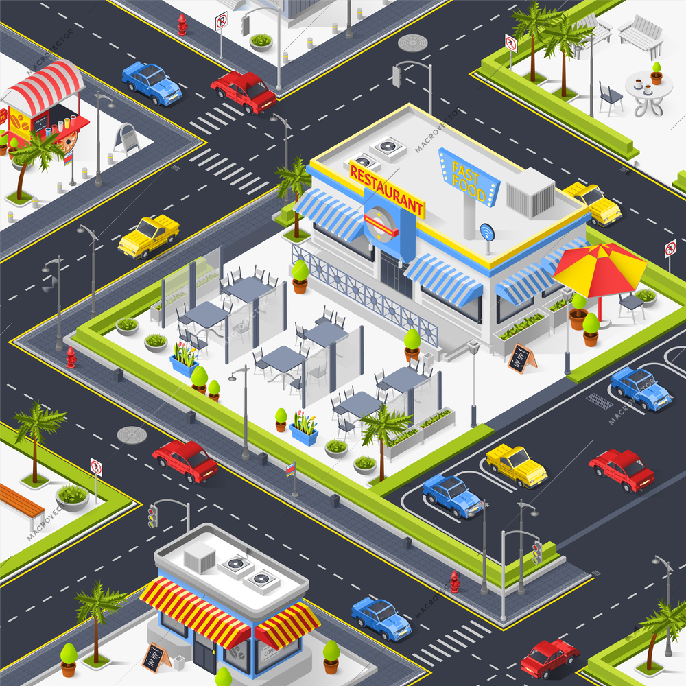 Fragment of city landscape with  street restaurant set of fast food tents outdoor tables and car parking isometric vector illustration