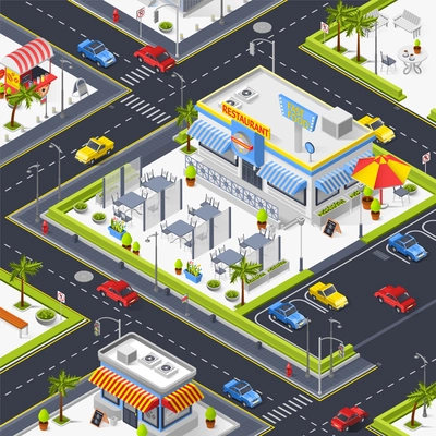 Fragment of city landscape with  street restaurant set of fast food tents outdoor tables and car parking isometric vector illustration