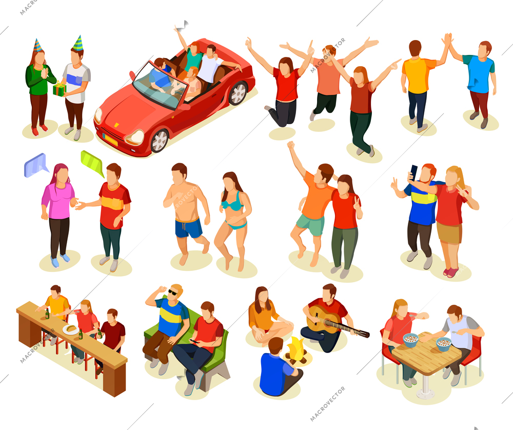 Teenagers friends having fun together isometric icons set isolated on white background vector illustration