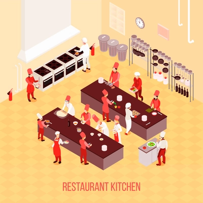 Restaurant kitchen isometric composition in beige tones with chefs, tables for preparation, ovens, trash containers vector illustration