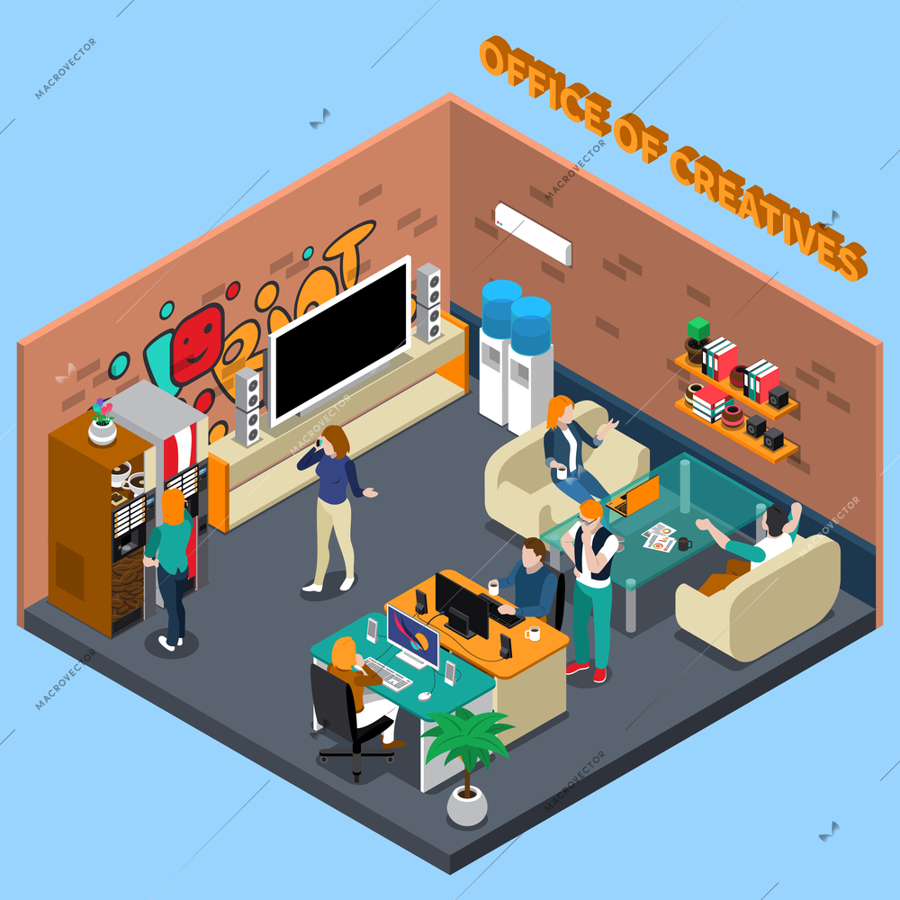 Office of creatives design with graffiti on wall and people on sofas, at workplaces isometric vector illustration