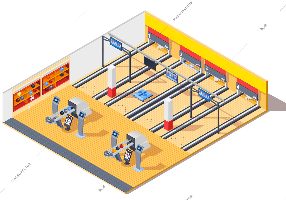 Bowling club isometric interior design with gaming tracks, return system, shelves with pins and balls vector illustration