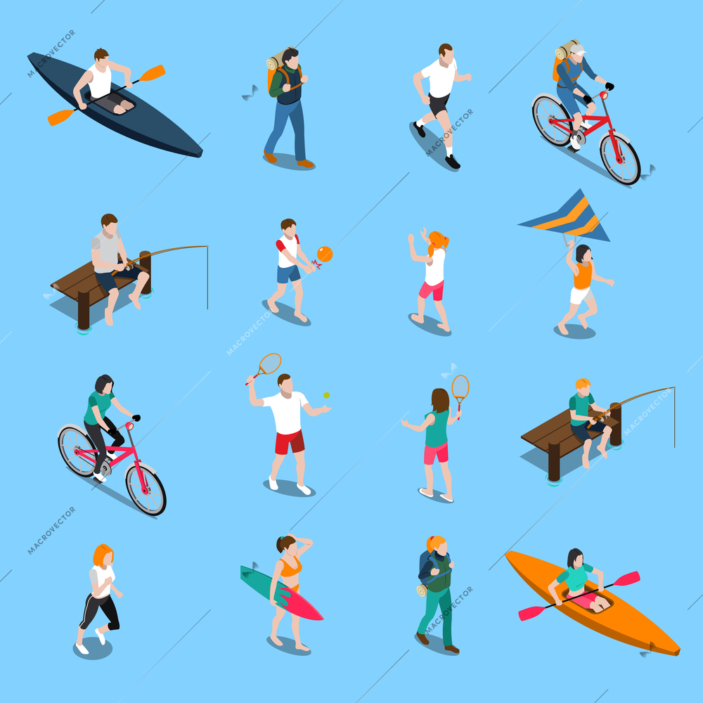 Isolated summer outdoor activity people icon set with attributes and equipment for recreation vector illustration