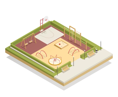 Kids playground isometric mockup with carousel and swings, basketball ring, sandbox and climbing frames, benches vector illustration