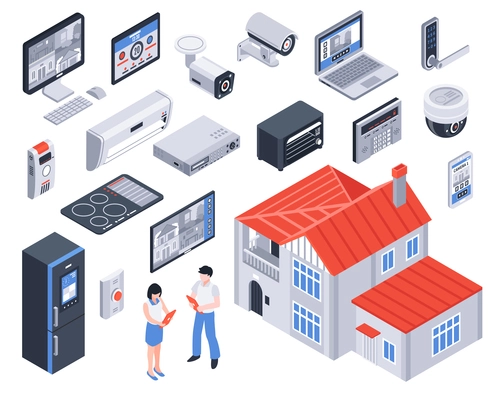 Isolated and isometric smart home icon set with digital elements and tools for better life vector illustration