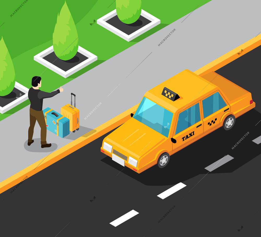 Taxi service isometric background with passenger on sidewalk stopping yellow taxi car moving on road vector illustration