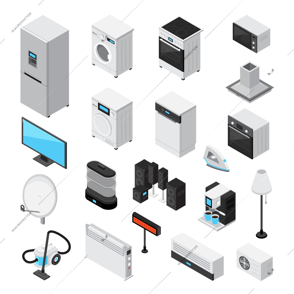 Household appliances isometric set with iron tv microwave refrigerator stove mixer blender coffee machine air conditioning heating fume hood isolated  icons vector illustration