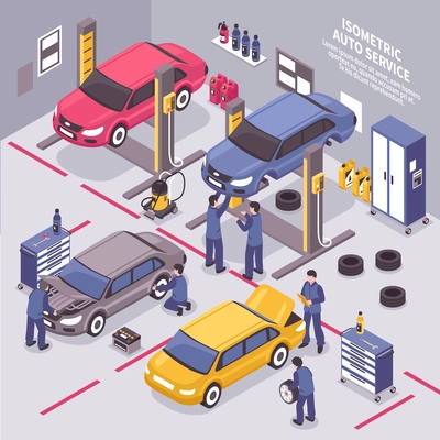 Workers fixing cars and changing tyres in auto service center 3d isometric vector illustration