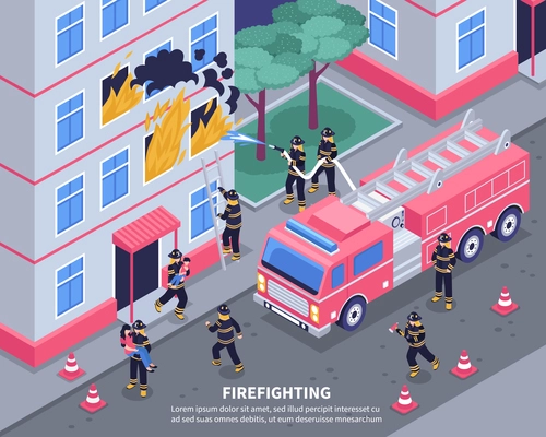 Group of firefighters putting out fire 3d isometric vector illustration