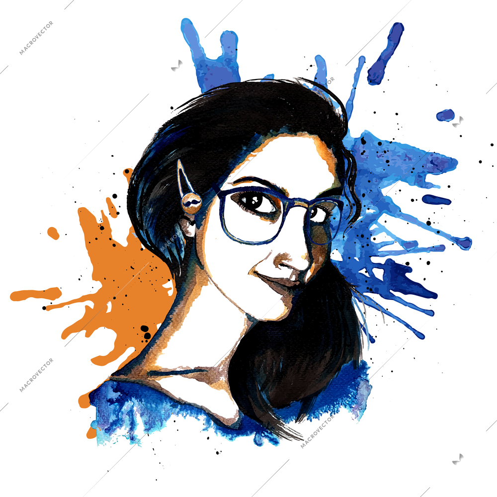 Smiling hipster character girl with glasses and hair pin ink drawn vector illustration
