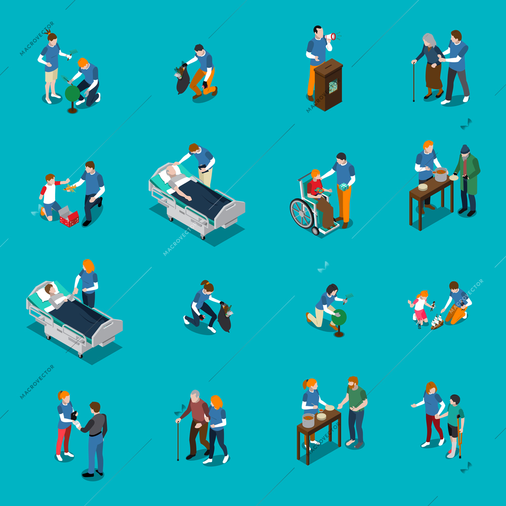 Isolated volunteer charity isometric people icon set and employees help needy patients vector illustration