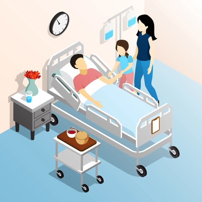 People in hospital isometric design concept with family members visiting sick  relative flat vector illustration