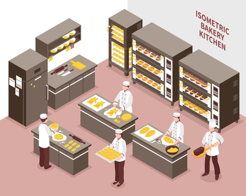 Five bakers working in spacious bakery kitchen 3d isometric vector illustration