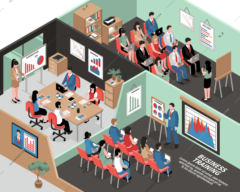 Business education training of office workers 3d isometric vector illustration