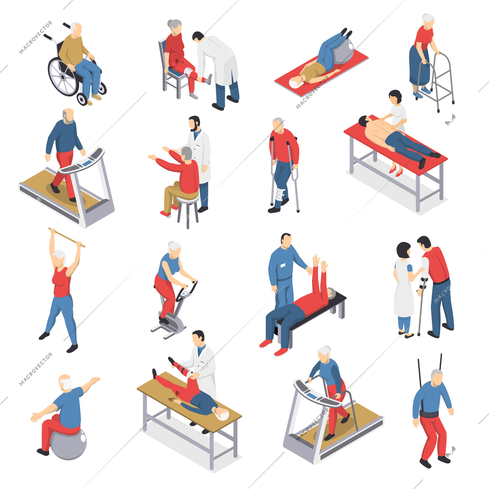 Rehabilitation physiotherapy isometric icons collection with people exercising on ball and moving walkway travelator isolated vector illustration