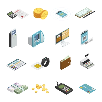 Payment methods isometric icons collection with cash banknotes coins credit bank cards and smartphones isolated vector illustration