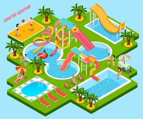 Colored water park aquapark isometric composition looks like a piece of island vector illustration