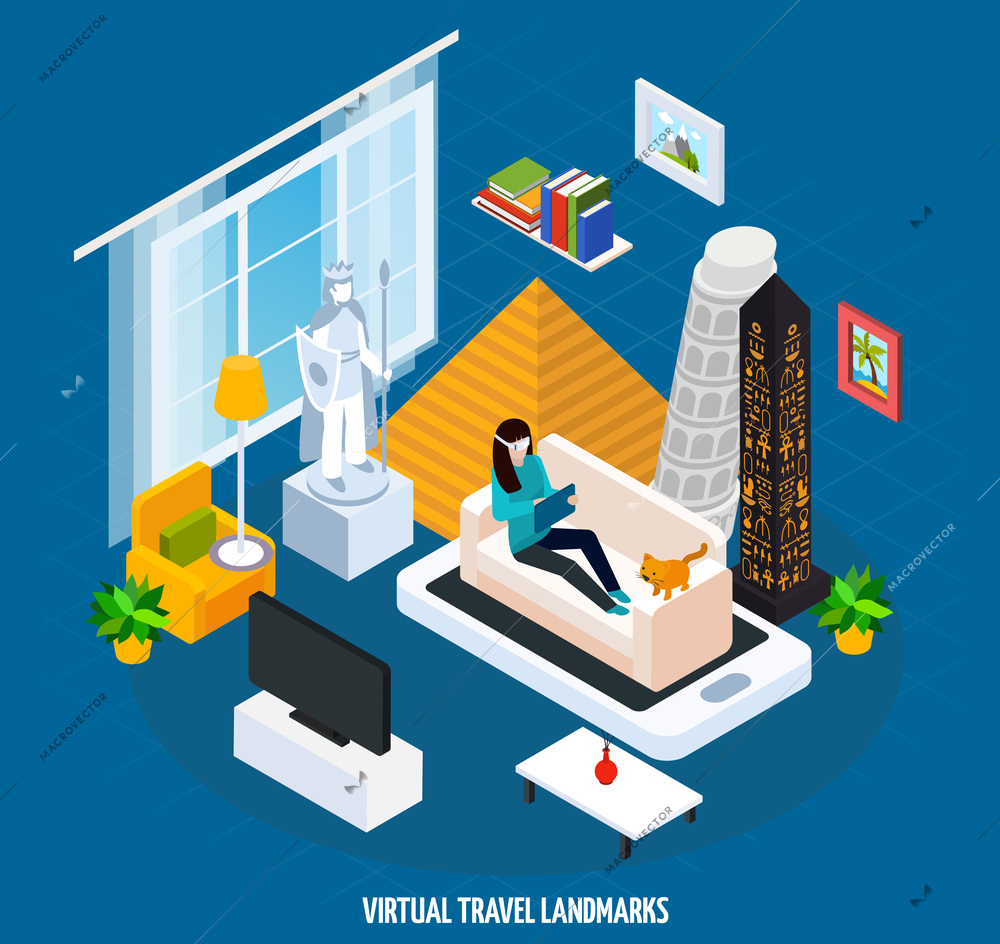 Colored virtual travel landmarks museum isometric concept with visit museum while sitting at home on couch vector illustration