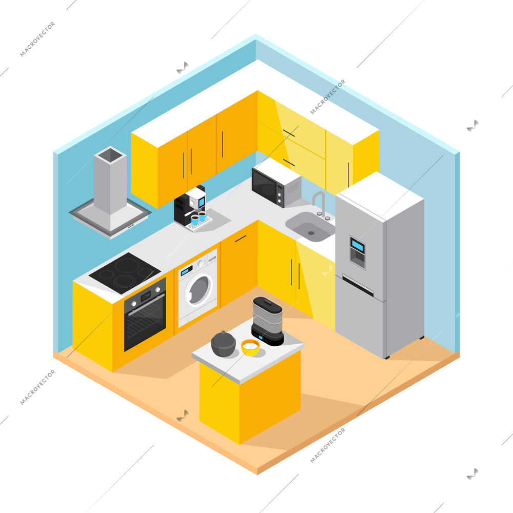 Modern kitchen interior isometric concept with furniture set household appliances and  kitchen utensil vector illustration