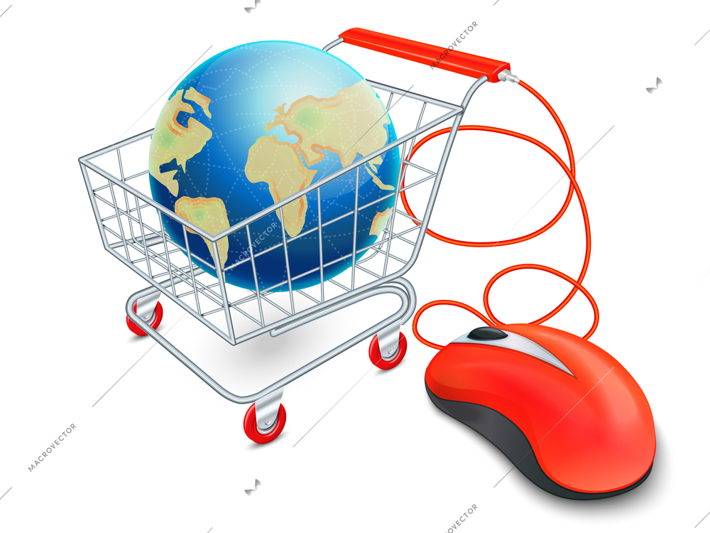 Supermarket cart 3d with computer mouse and globe internet shopping concept vector illustration