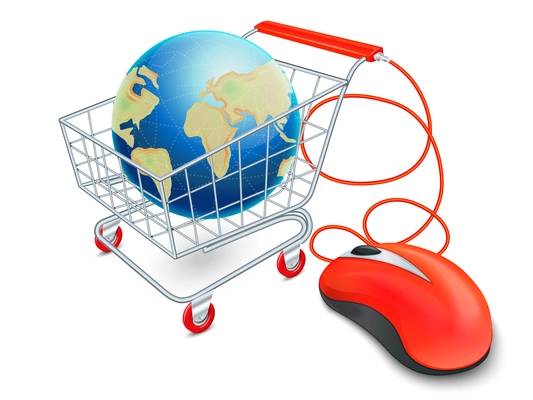 Supermarket cart 3d with computer mouse and globe internet shopping concept vector illustration