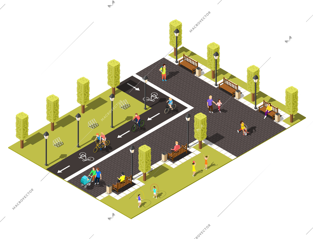 Modern town park isometric composition with  people walking with children and riding bicycle on bike path vector illustration