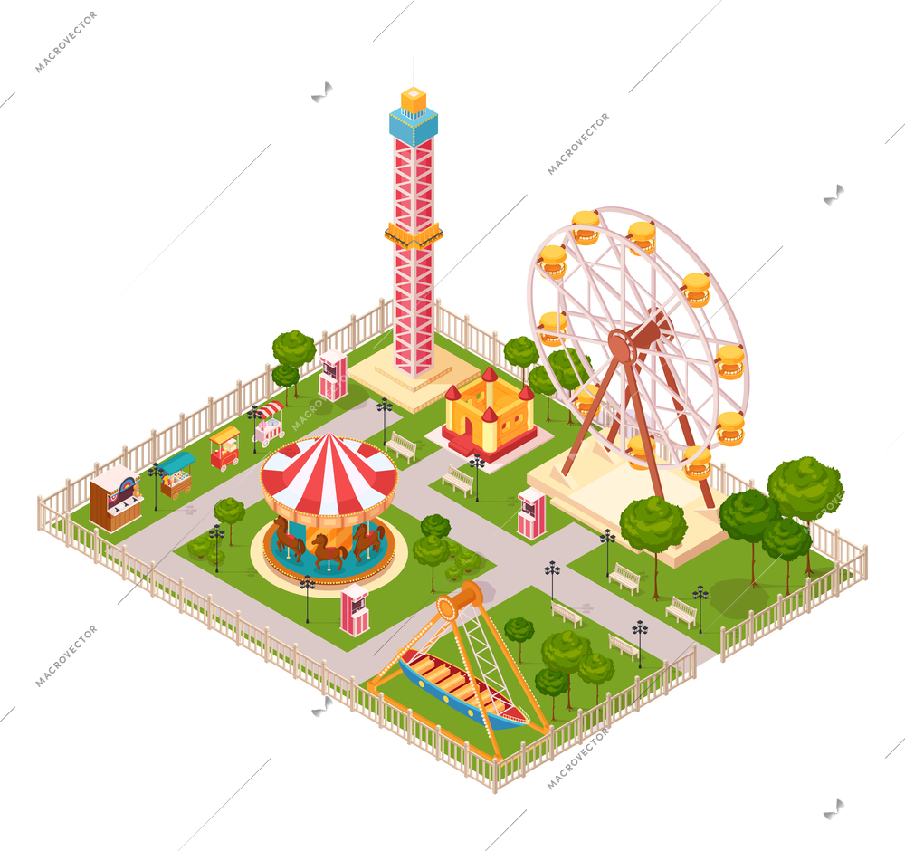 Amusement park  design concept with seesaw ferris wheel carousel and extreme family attraction isometric elements cartoon vector illustration