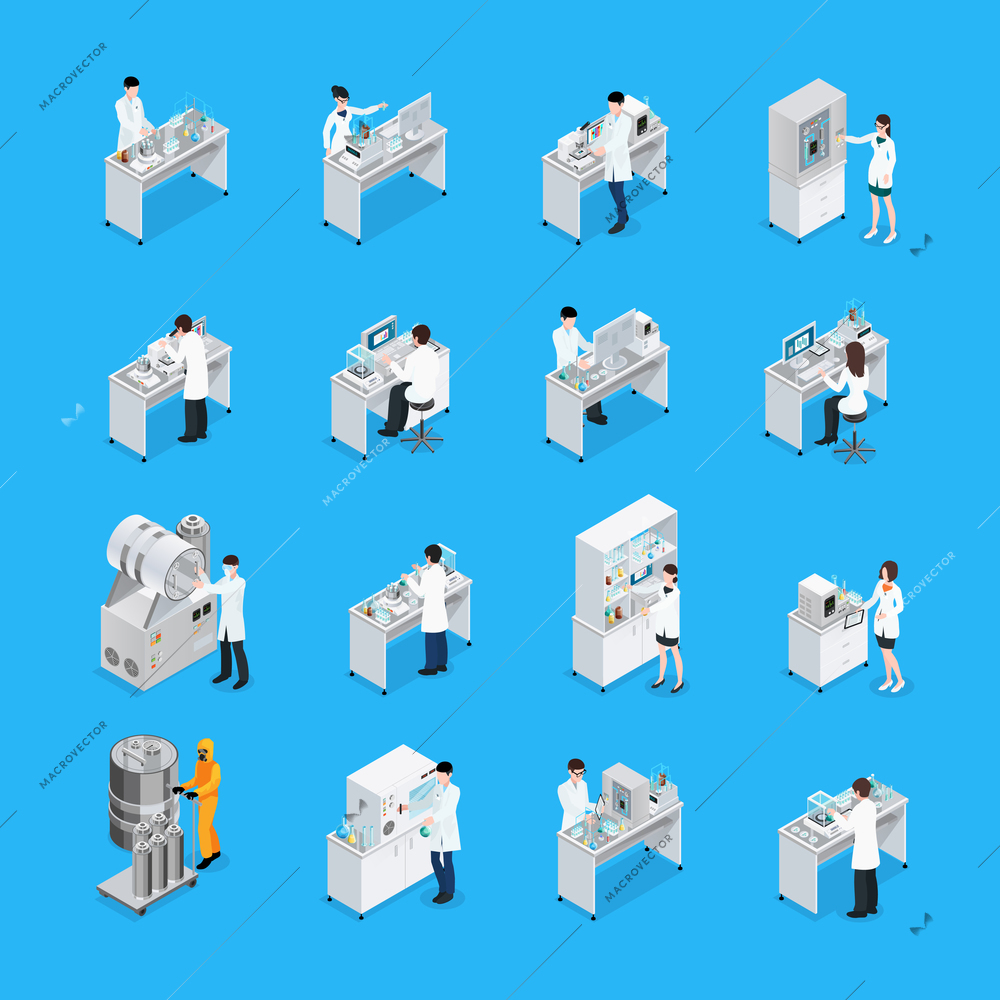 Set of sixteen isolated icons with chemical laboratory works bench furniture equipment and scientists isometric images vector illustration