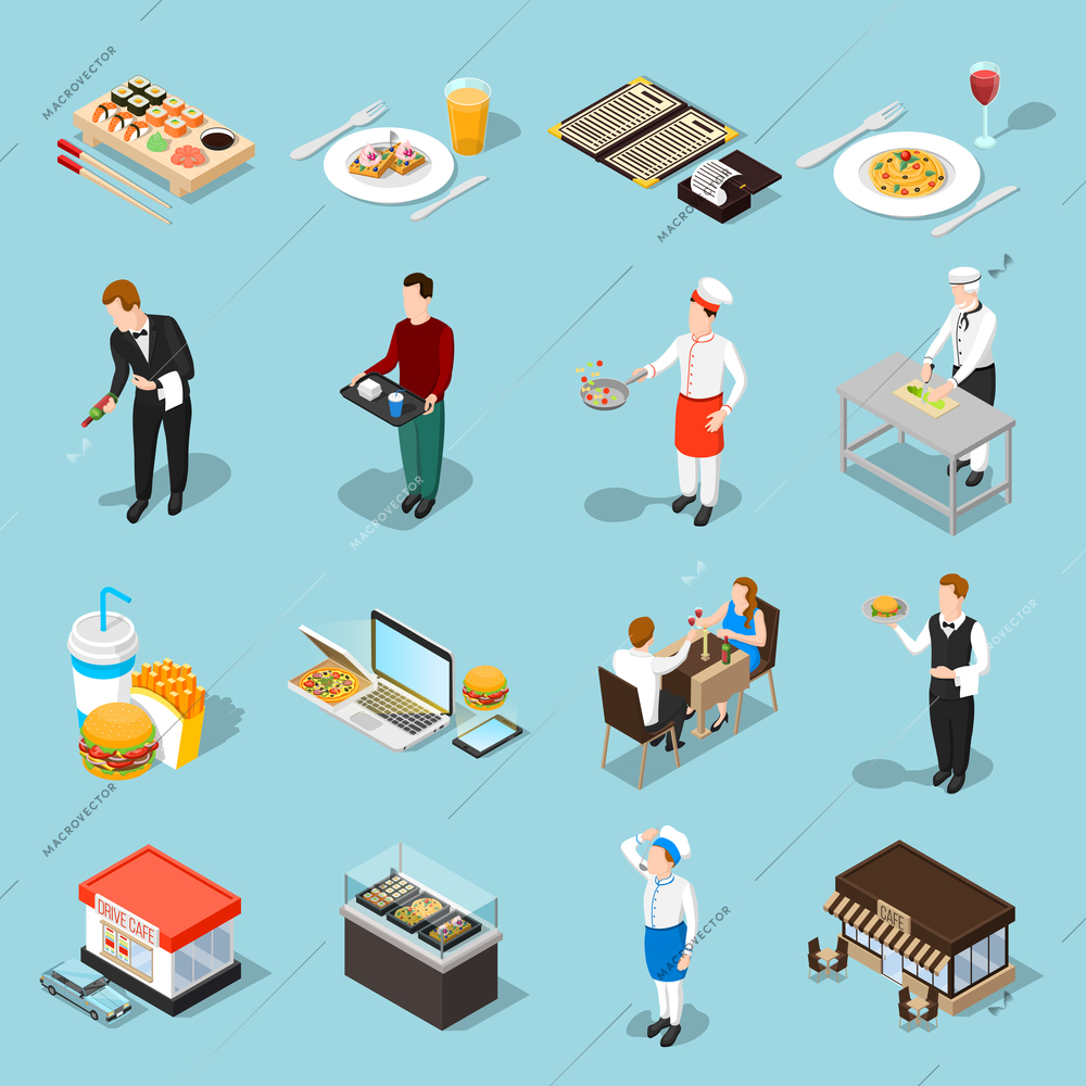 Fast food isolated icons set waiter cook guests and meals of quick cooking isometric shadow vector illustration