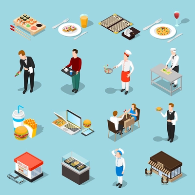 Fast food isolated icons set waiter cook guests and meals of quick cooking isometric shadow vector illustration