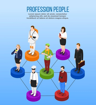 Profession isometric set of uniformed people characters on podiums connected by dashed lines with editable text vector illustration