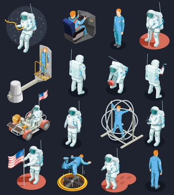 Astronaut isometric people set of isolated human characters with spacesuits various space systems and exercise devices vector illustration