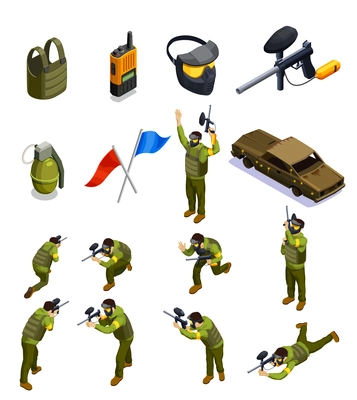 Paintball isometric icons collection with isolated fighter characters in uniform armour helmet shield and other equipment vector illustration