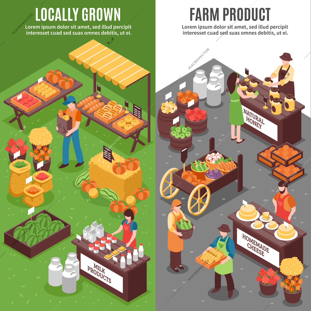 Market vertical banners set with isometric compositions of organic funfair locally grown natural farm products sale vector illustration