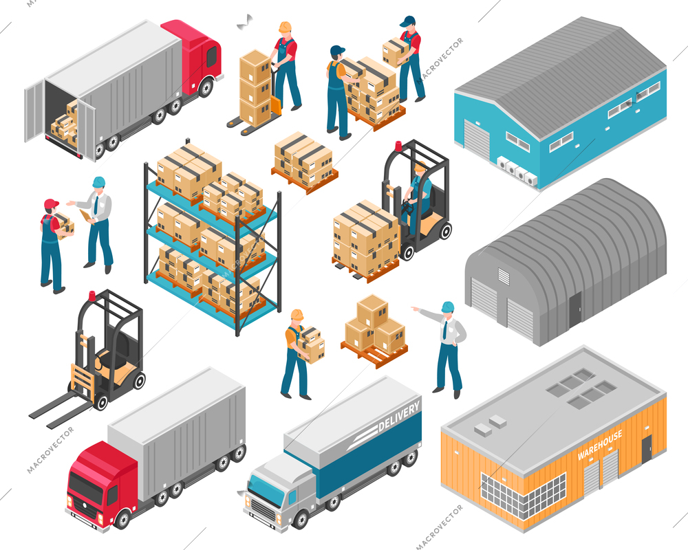 Isolated isometric warehouse logistic icon set with warehouse building trucks and cargo vector illustration