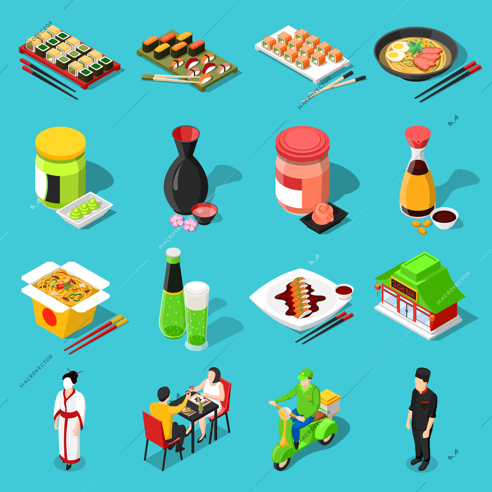 Sushi bar isometric icons with roll sashimi, wasabi sauces shadow drinks elements of japan culture isolated vector illustration