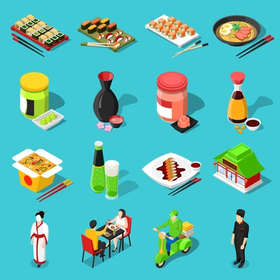 Sushi bar isometric icons with roll sashimi, wasabi sauces shadow drinks elements of japan culture isolated vector illustration